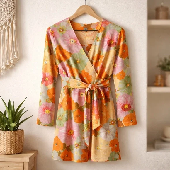 🛍️ Forever 21 orange floral wrap, long sleeve midi dress
Size small - Picture 3 of 6